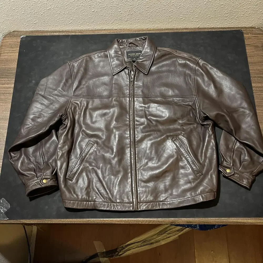 Golden Bear Leather Jacket Men XL Brown Zip Bomber Harrington Cafe Racer Pockets